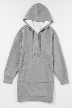 Grey Textured Drawstring Hooded Mini Dress with Kangaroo Pocket