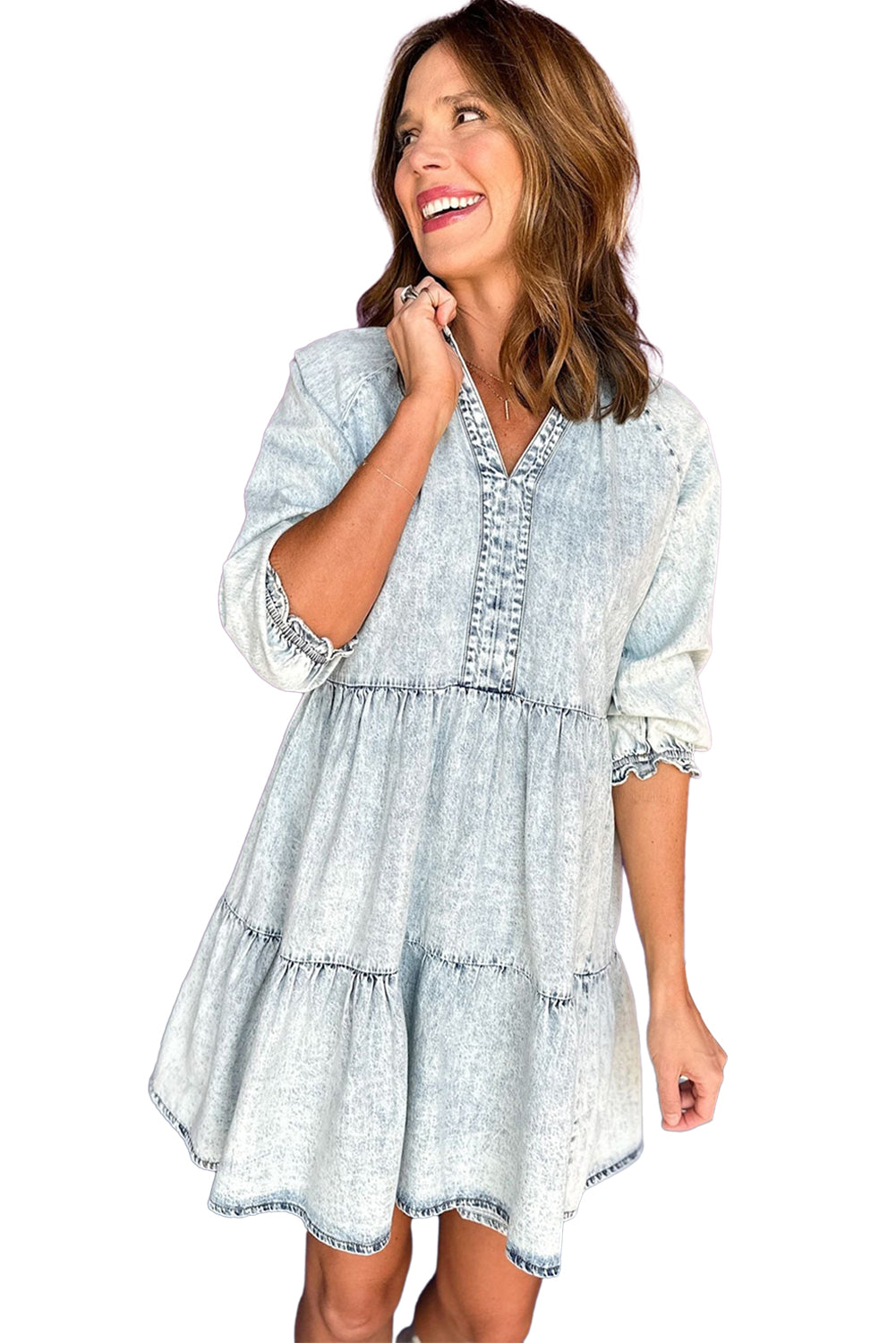 Dusk Blue Acid Wash Retro Robe en jean évasé à manches demi-manches