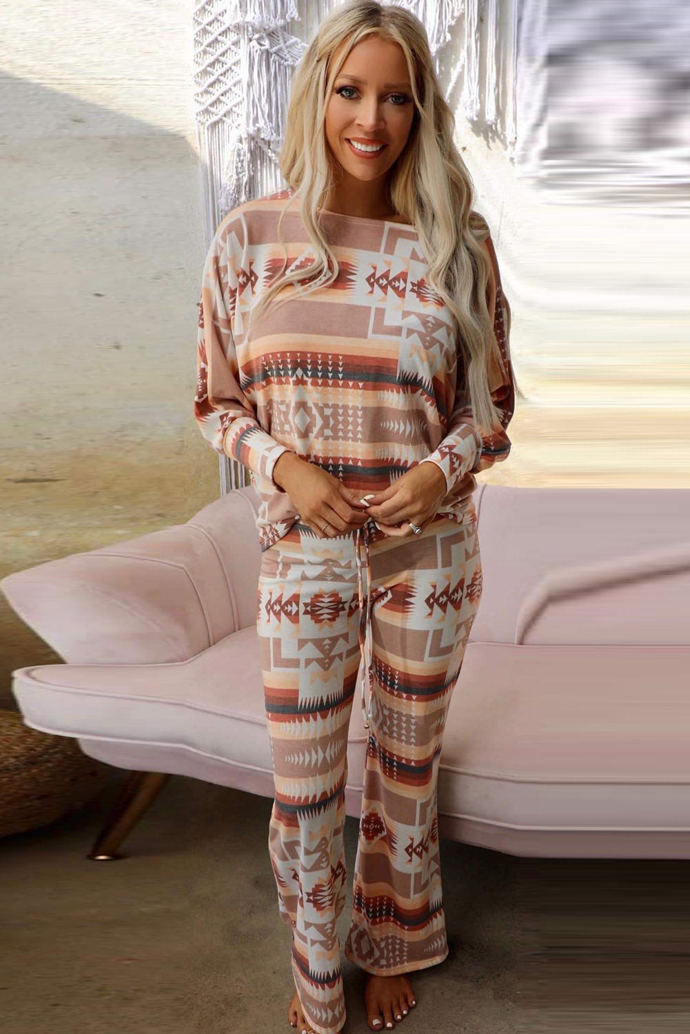 Multicolour Aztec Stampa per manica a sbuffo Pullover e pantaloni Outfit Lounge