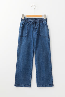 Large right denim pants with tightening cord and blue mineral washing