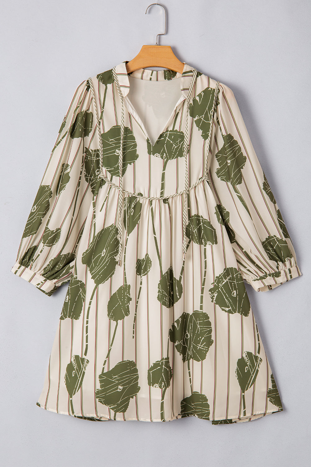 Guacamole Green Striped Floral Print Contrast Piping Puff Sleeve Dress