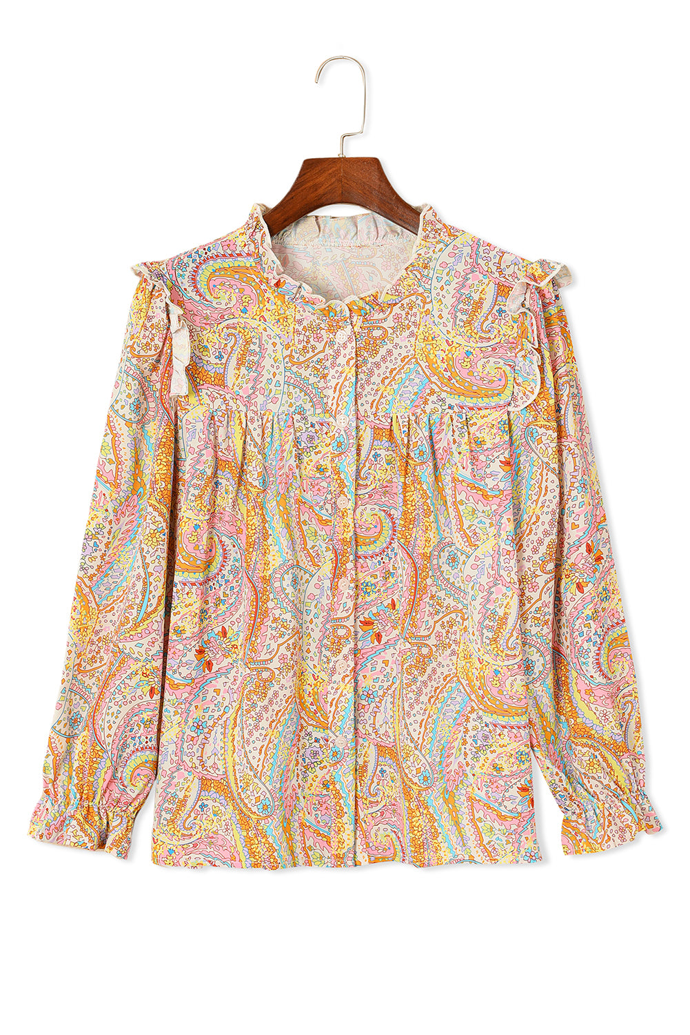 Jaune Paisley Print Ruffled Trim Boho Shirt