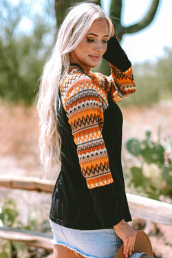 Orange geometric print raglan patchwork long sleeve t-shirt