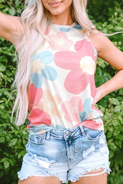 Sleeveless round neck top with pink floral print