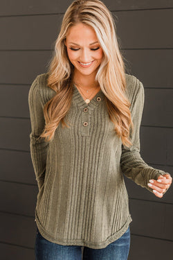 Jungle Green V-Neck Button-Up Ribbed Knit Top