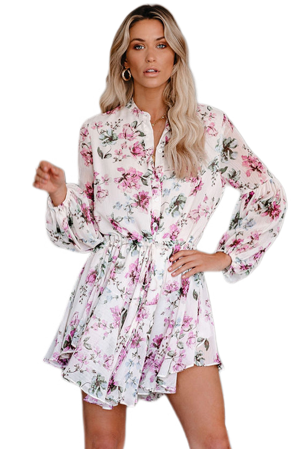 Vintage Floral Print Drawstring Flowy Dress