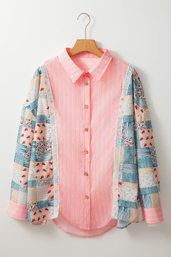 Large shirt tunic in pink striped floral patchwork