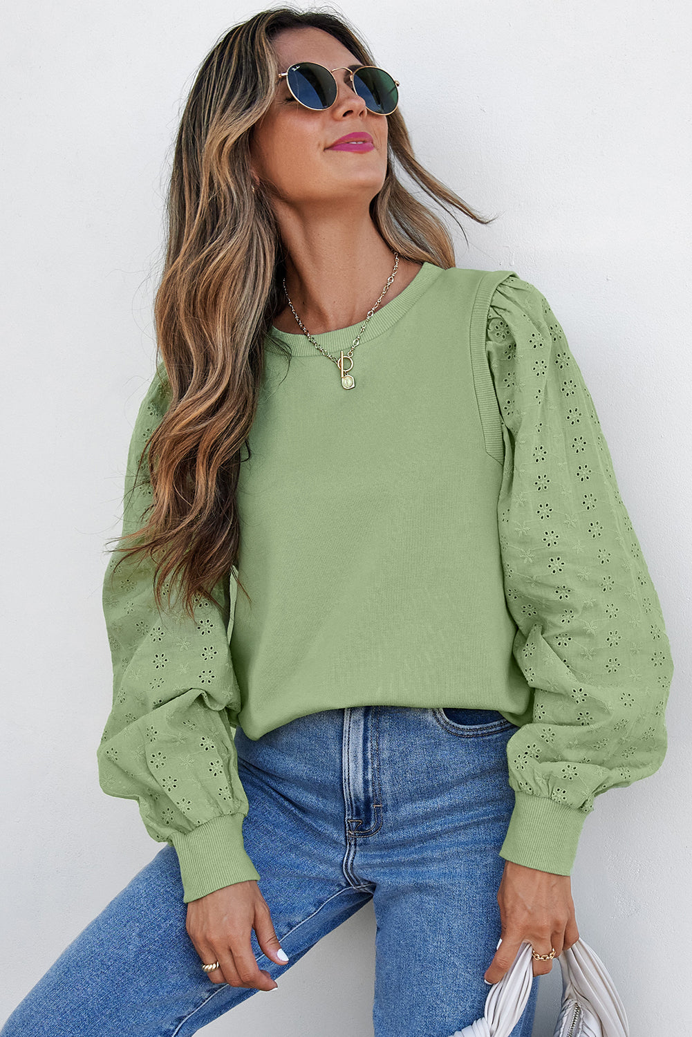 Mist Green Solid Patchwork Ärmel rundes Nacken -Sweatshirt