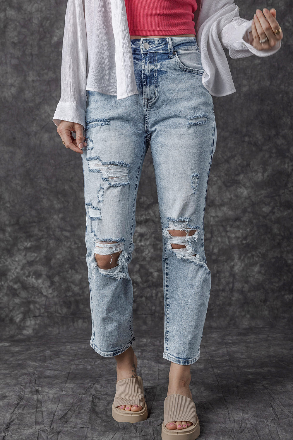 Sky Blue Light Wash Frayed Slim Fit High Waist Jeans