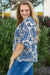 Plus Size Ethnic Print Loose Blouse with 3/4 Sleeves and V-Neck in Blue