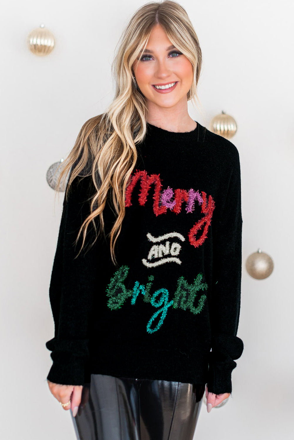 Pull de Noël graphique joyeux et lumineux Tinsel noir