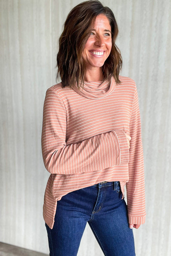 Pink Striped Long Sleeve Cowl Neck Loose Top with Side Slits