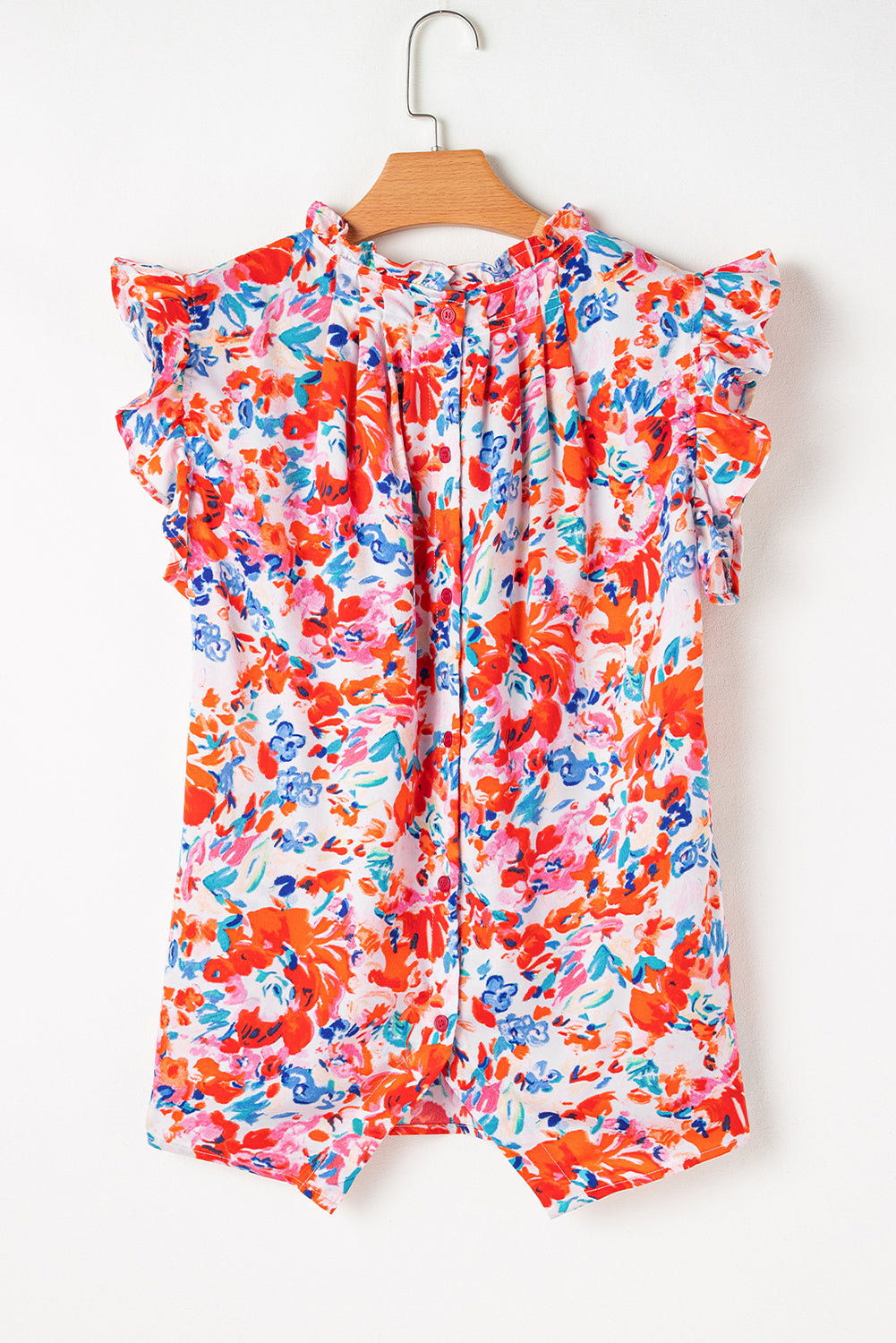 Camiseta de tanque floral boho plisado de cuello con volantes rojos