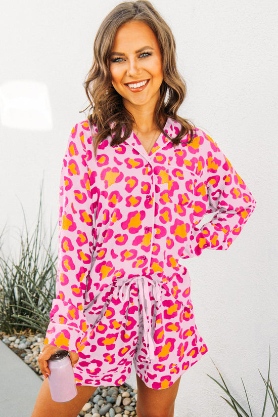 Pink pajama set with long sleeve shirt and leopard print shorts