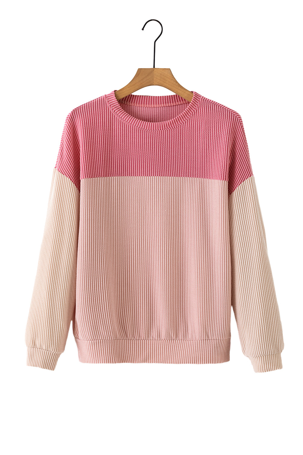 Pink Color Block Long Sleeve Ribbed Loose Top