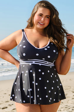 Large -waisted black bathroom dress and polka dot border