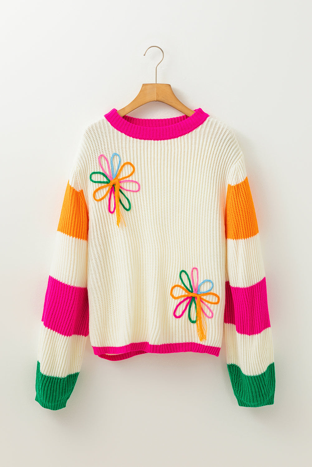 Pull ample en tricot torsadé à imprimé floral color block beige