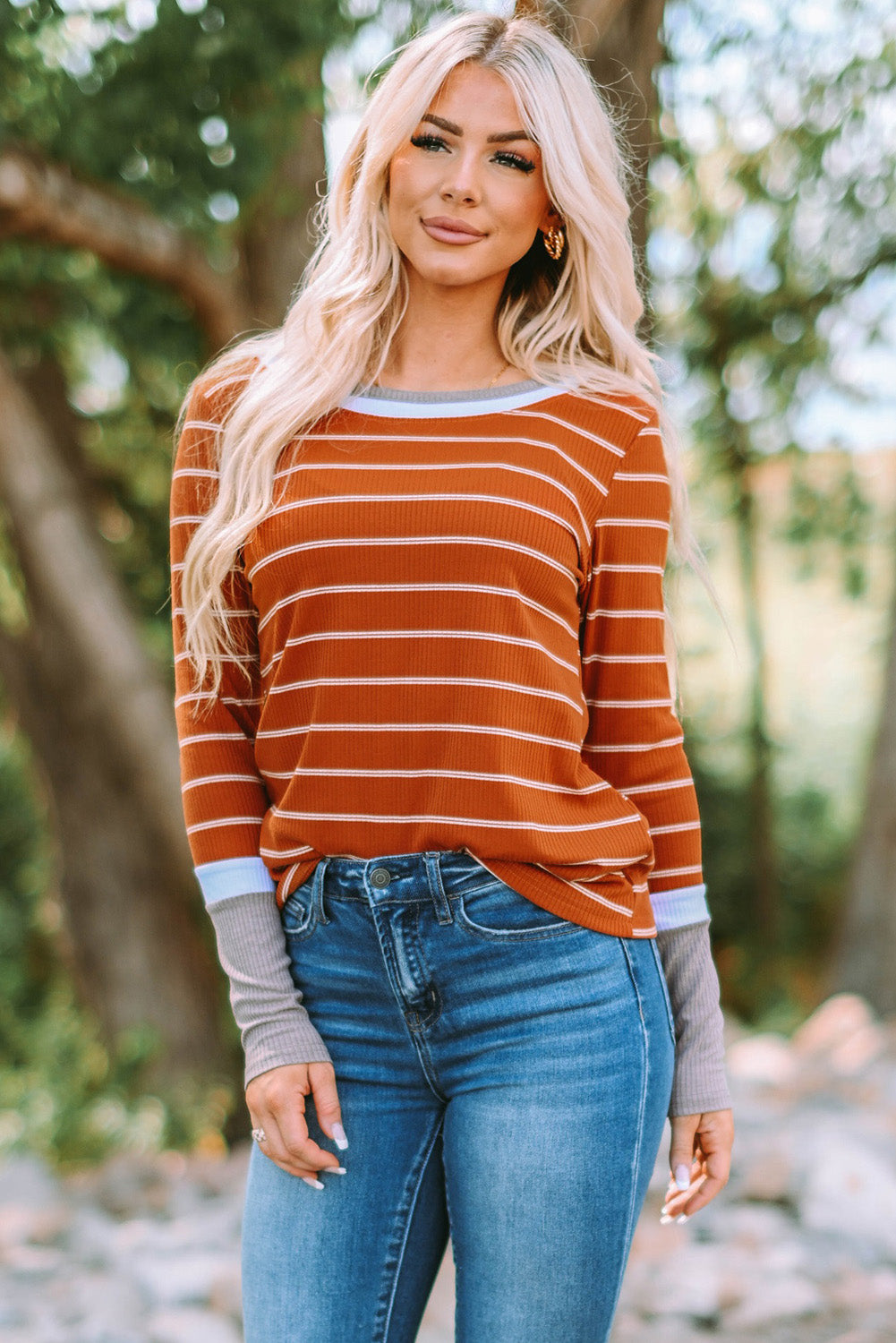 Extend Brown Ribbed Knit Striped Sweater with Color Block Cuffs
