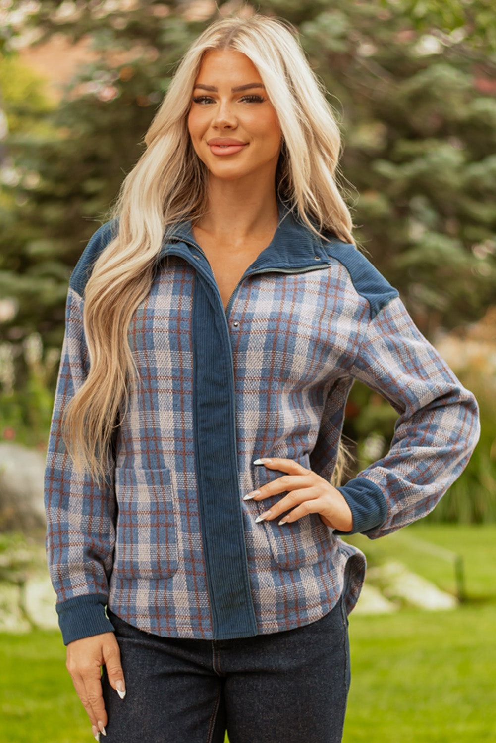 Chemise Veste en velours côtelé à carreaux gris avec col et boutons-pression