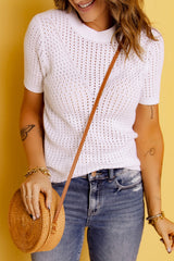 White T-shirt knitted with short and openwork sleeves
