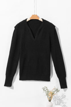 Black knitted sweater with puff sleeves and braided notched V-neckline