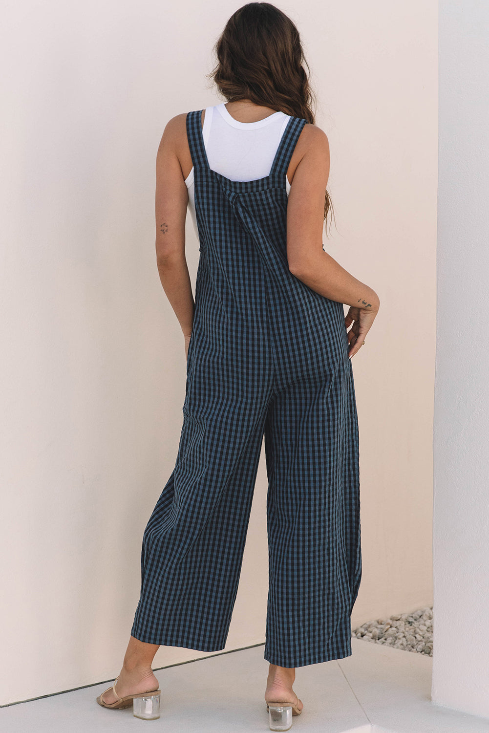 Blue Sail Plaid Print Buttoned High Waisted Overalls
