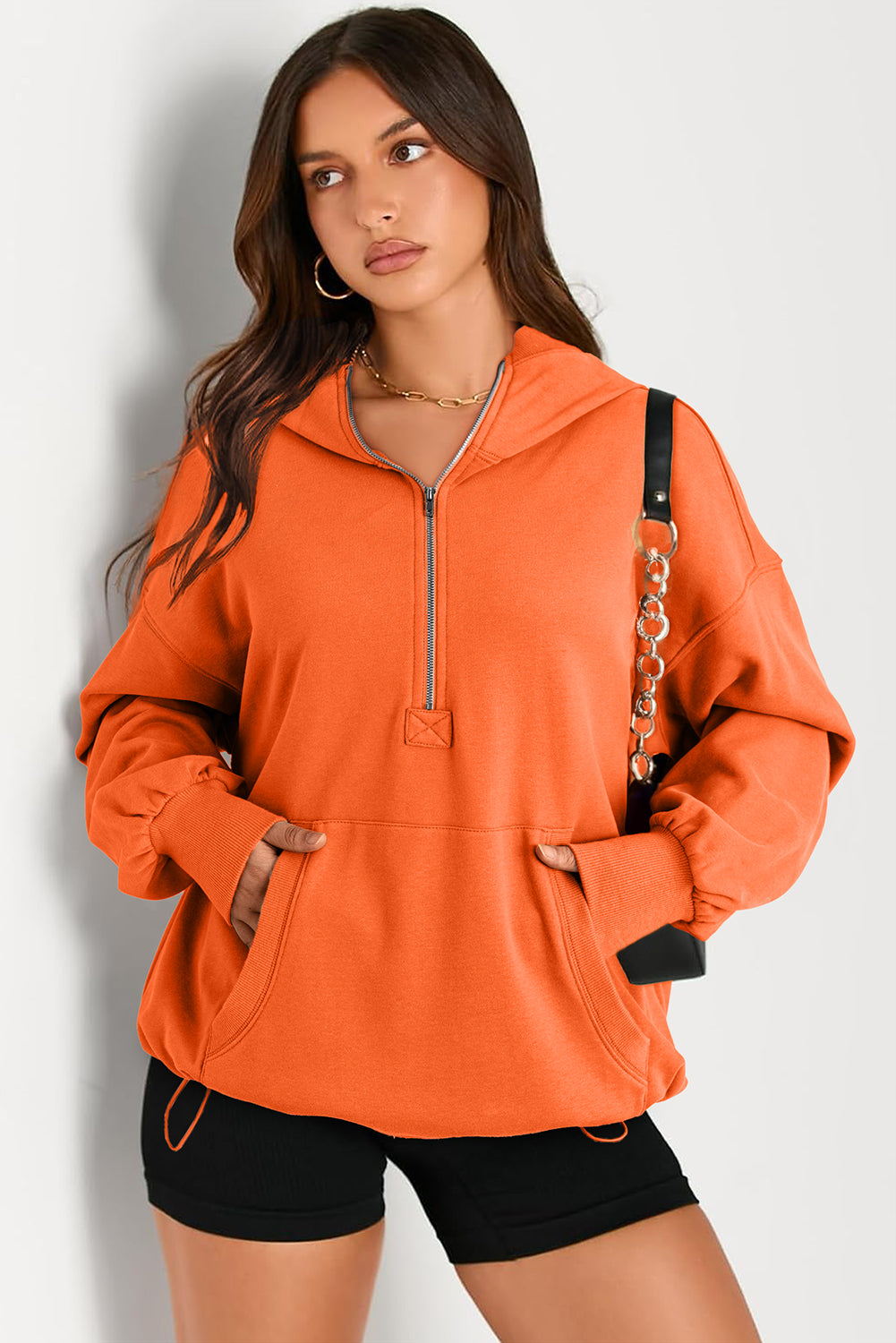 Orange massiver Känguroo -Tasche halb Reißverschluss übergroßer Hoodie