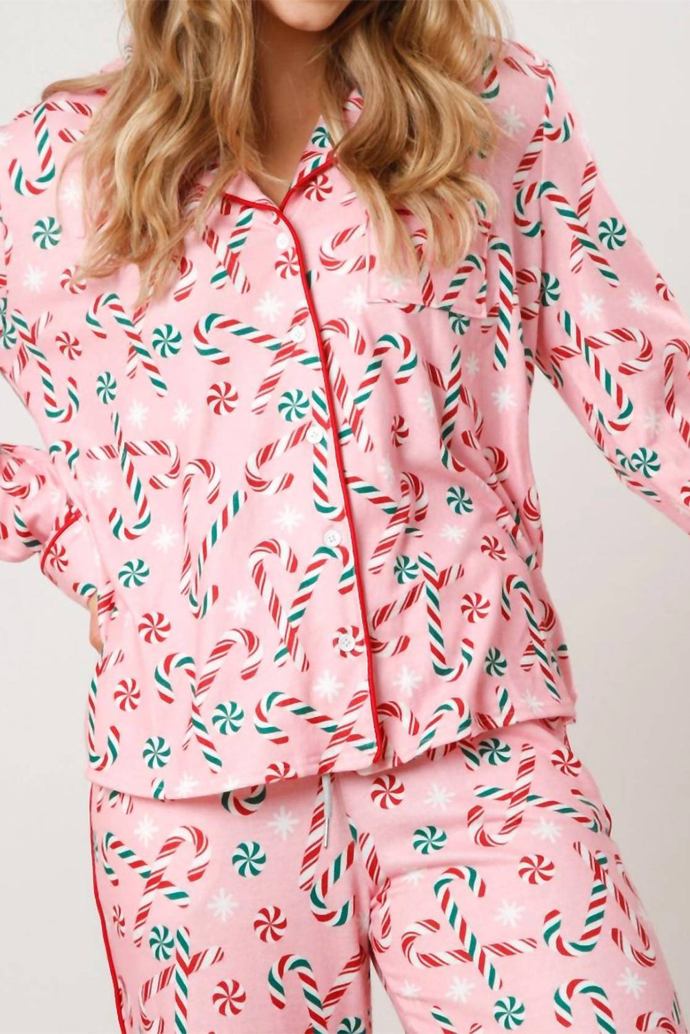 Pink Weihnachtsbonbon -Rohrstock -Drucken -Lapel -Kragenhemd und Hosen zweiteilige Pyjamas Set