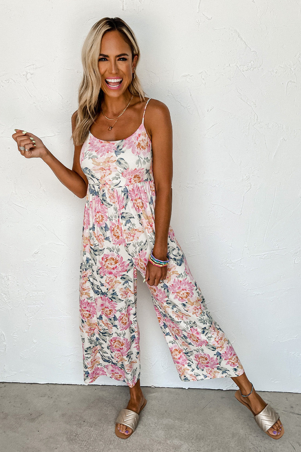 White floral spaghetti strap wide leg jumpsuit