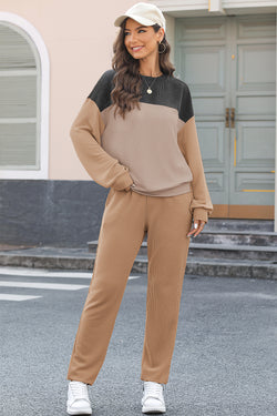 Tenue 2 pièces pull et pantalon color block kaki à cordon