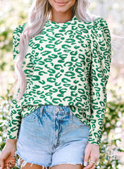 Damn sleeve top and black -leopard printed collar blackish greenish