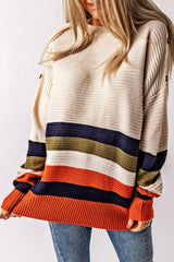 White striped sweater with dropped shoulders and buttoned shoulders