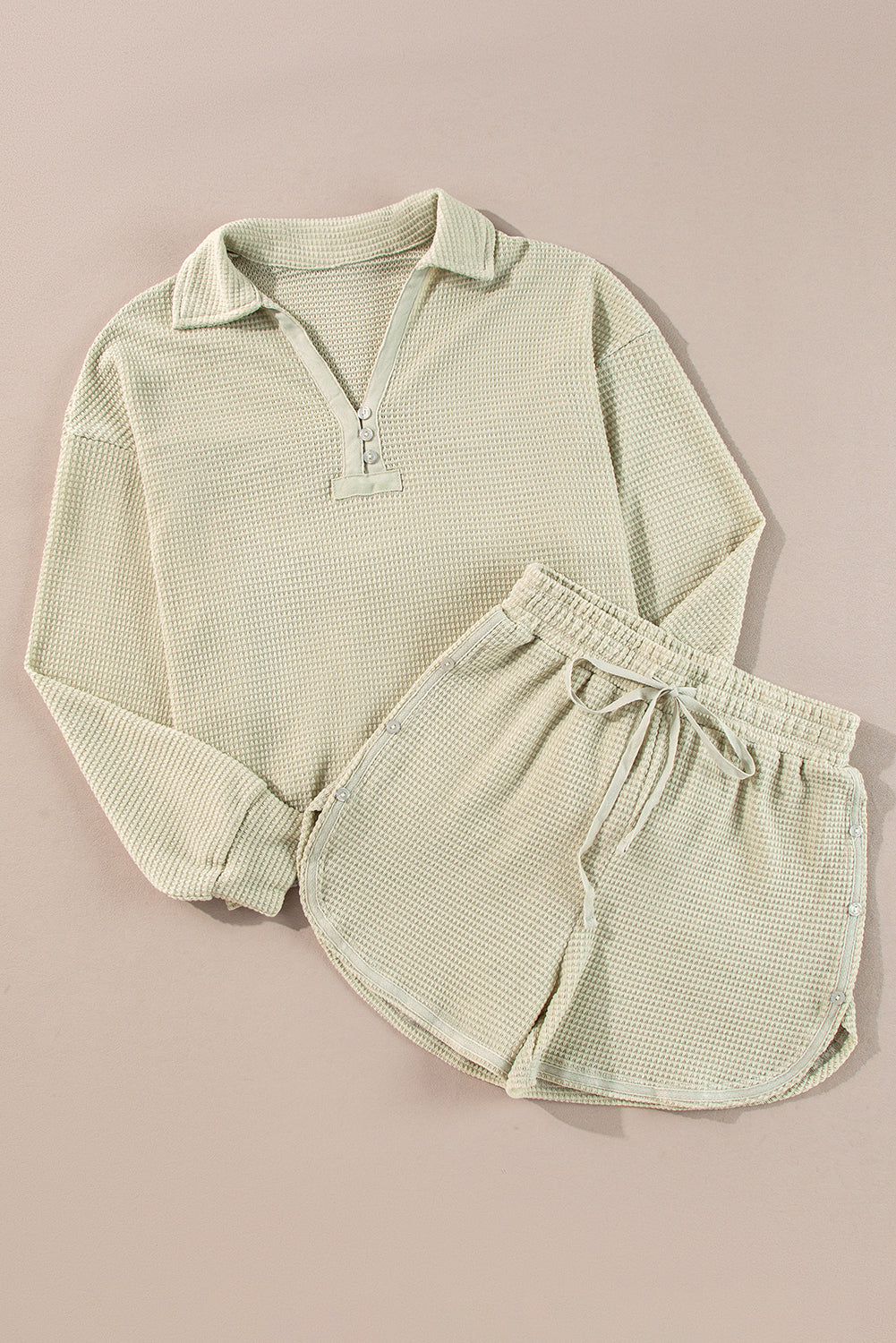 Parchment Textured Long Sleeve Button-Down Top and Shorts 2 Piece Set