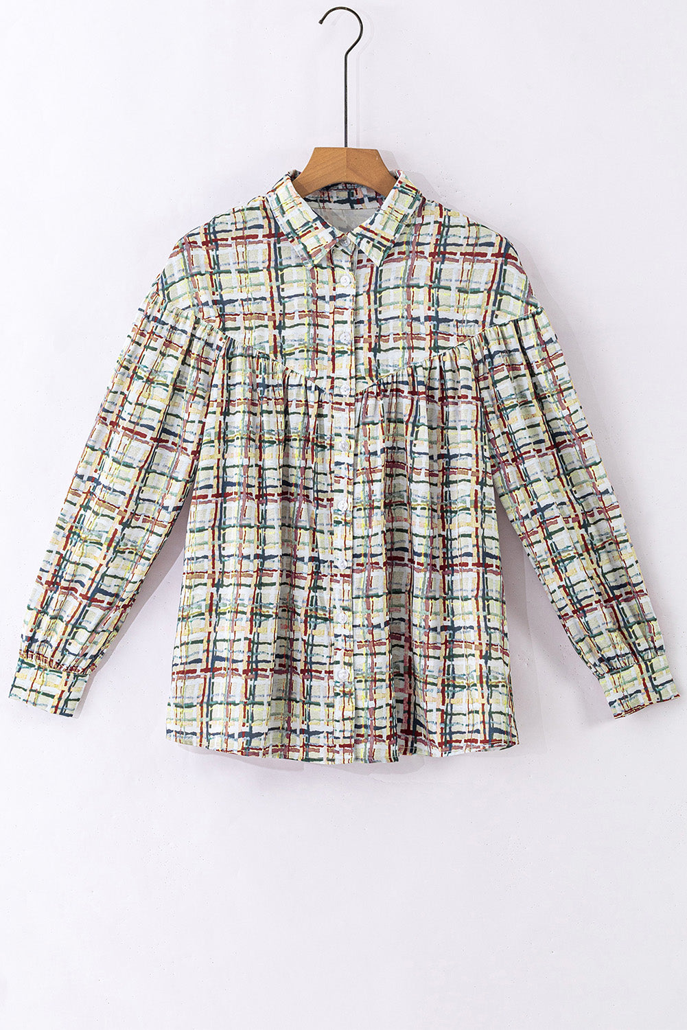 Multicolor Plaid Pattern Puff Sleeve Button Up Shirt