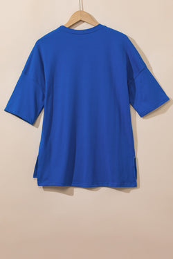 Dark blue long blue with short sleeves and side slot with drooping shoulders