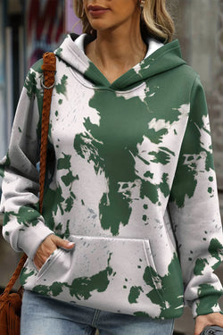 Green loose hoodie with kangaroo pocket and tie-dye print