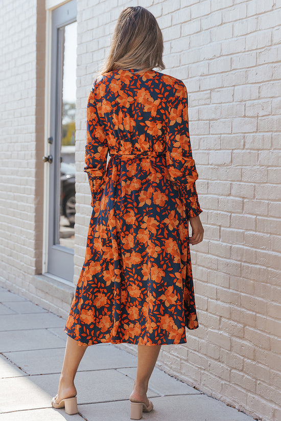 Orange floral print wrap dress with belt