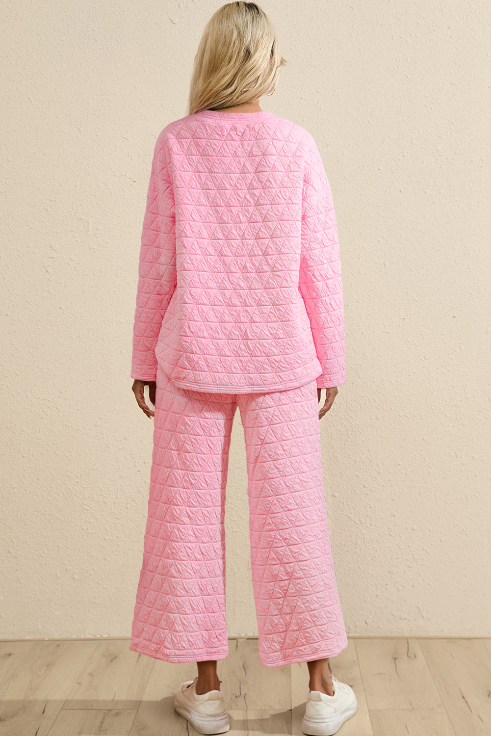 Pink plain quilted sweater and pants outfit