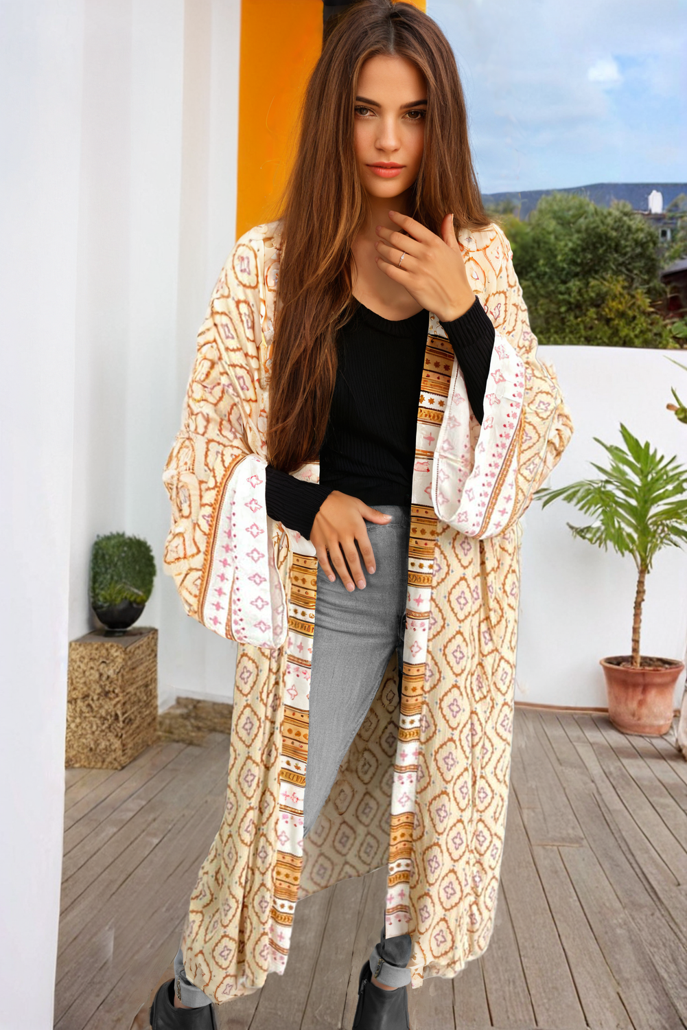 Long kimono with large geometric print bohemian geometric *