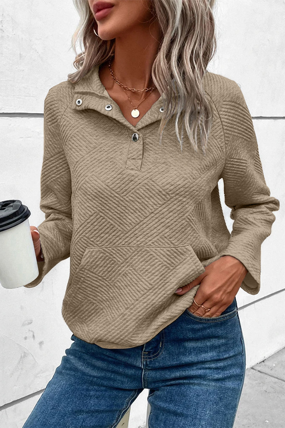 Pale Khaki Textured Knit Button-Down Sweatshirt with Kangaroo Pocket