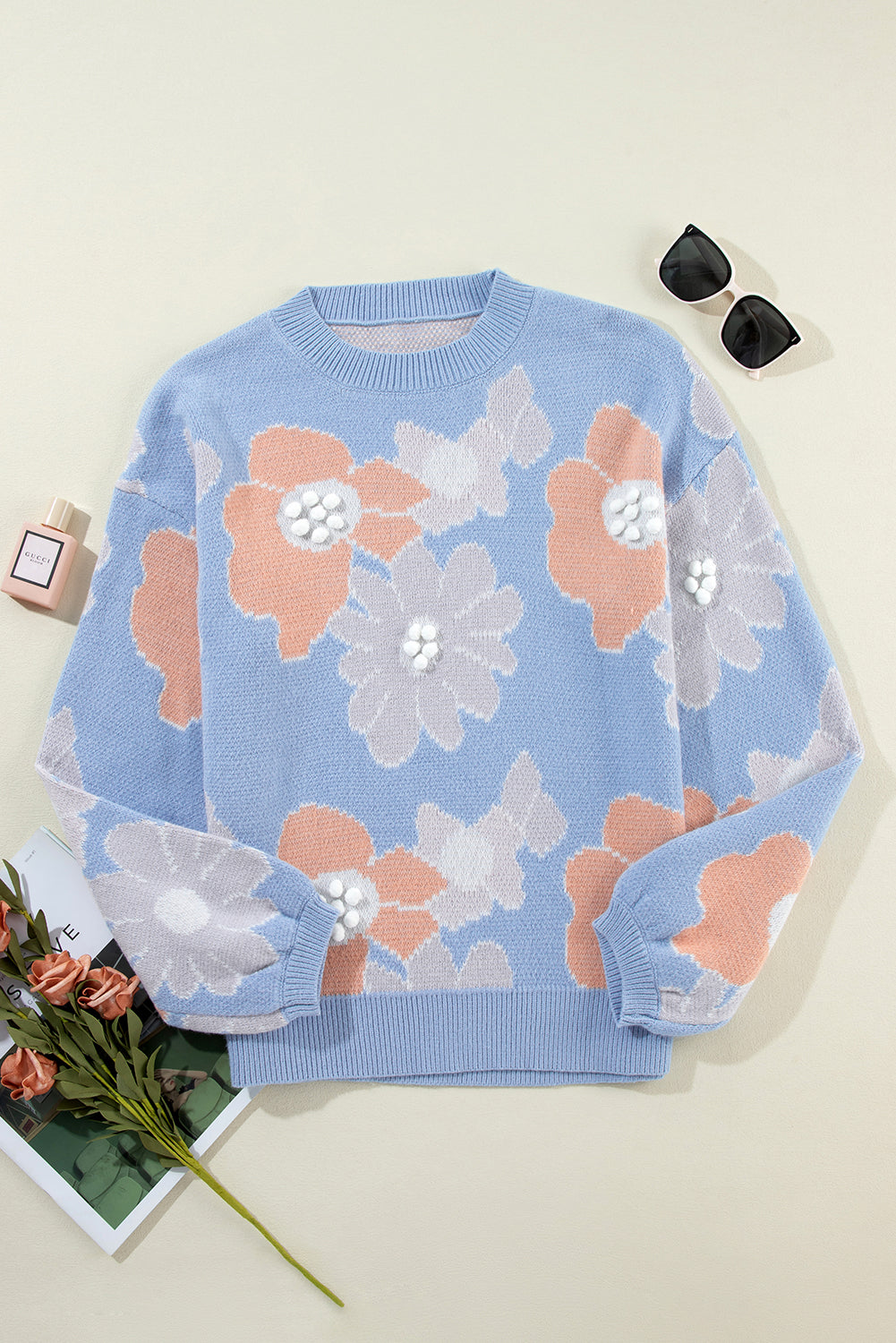 Beau Blue Floral O Neck Drop Shoulder Knitted Sweater