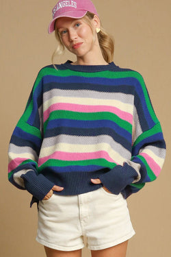 Bright green rainbow striped crew neck drop shoulder sweater