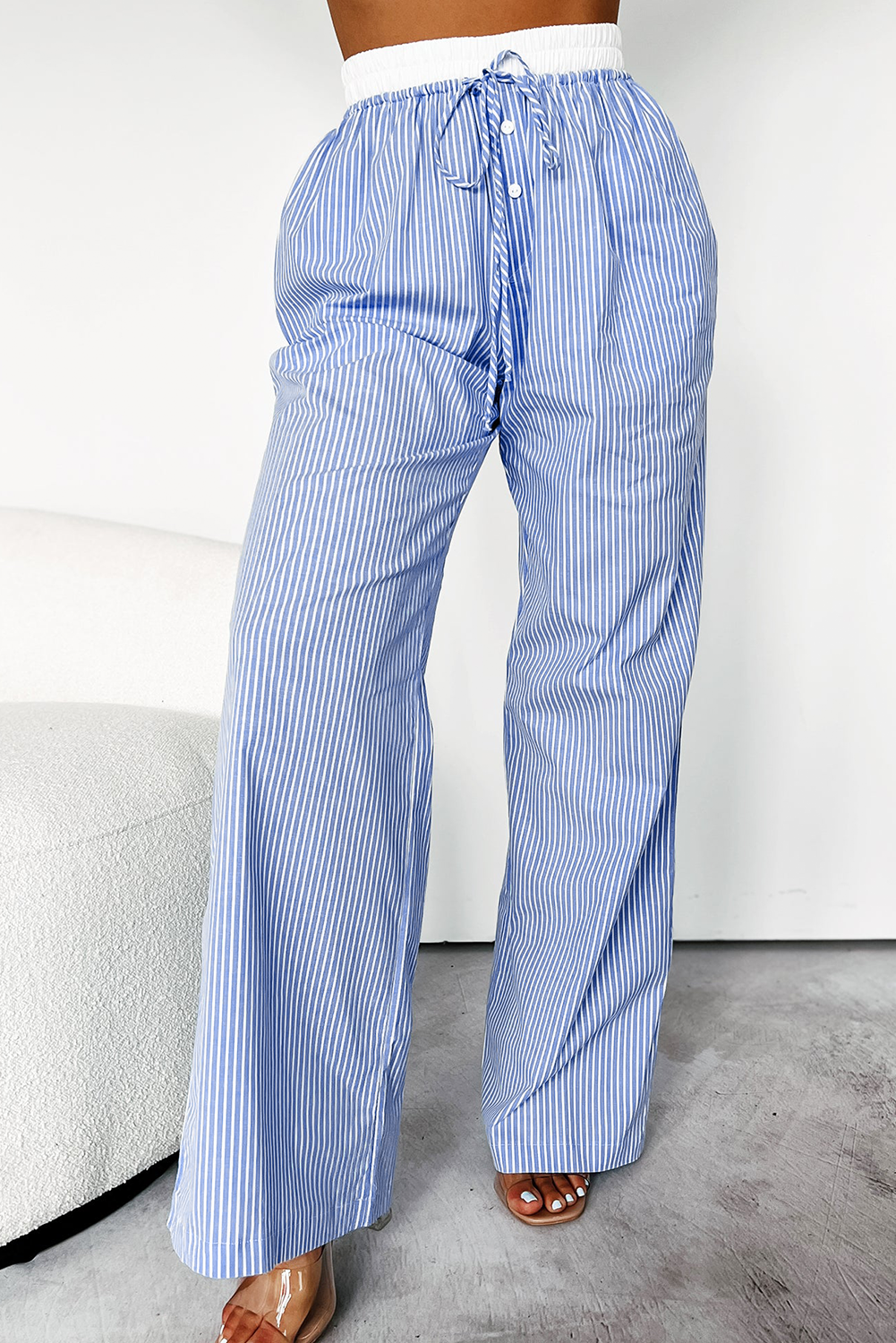 Pantalon taille haute élastique à rayures bleu ciel *