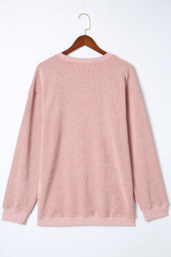 Solid Pink Ribbed Knit Crew Neck Sweatshirt