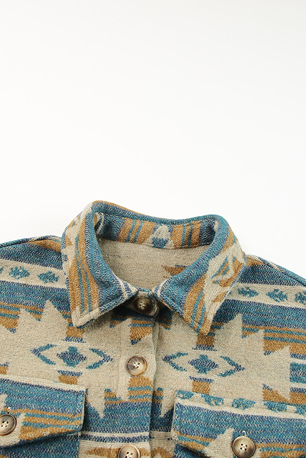 Blue Western Aztec Print Button Bouton Pocket Shacket