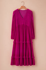Robe longue froncée à col en V et à volants en velours de grande taille rose rouge
