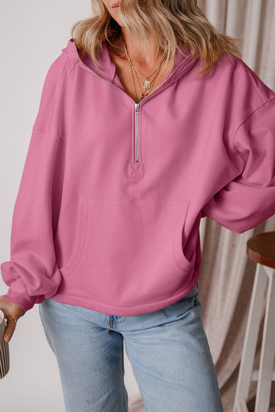 Loose hoodie with kangaroo pockets and half-zip lined with valerian fleece