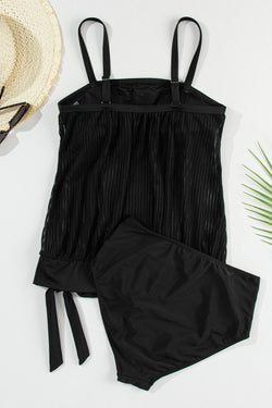 Maillot de bain tankini noir en maille rayée à ourlet noué