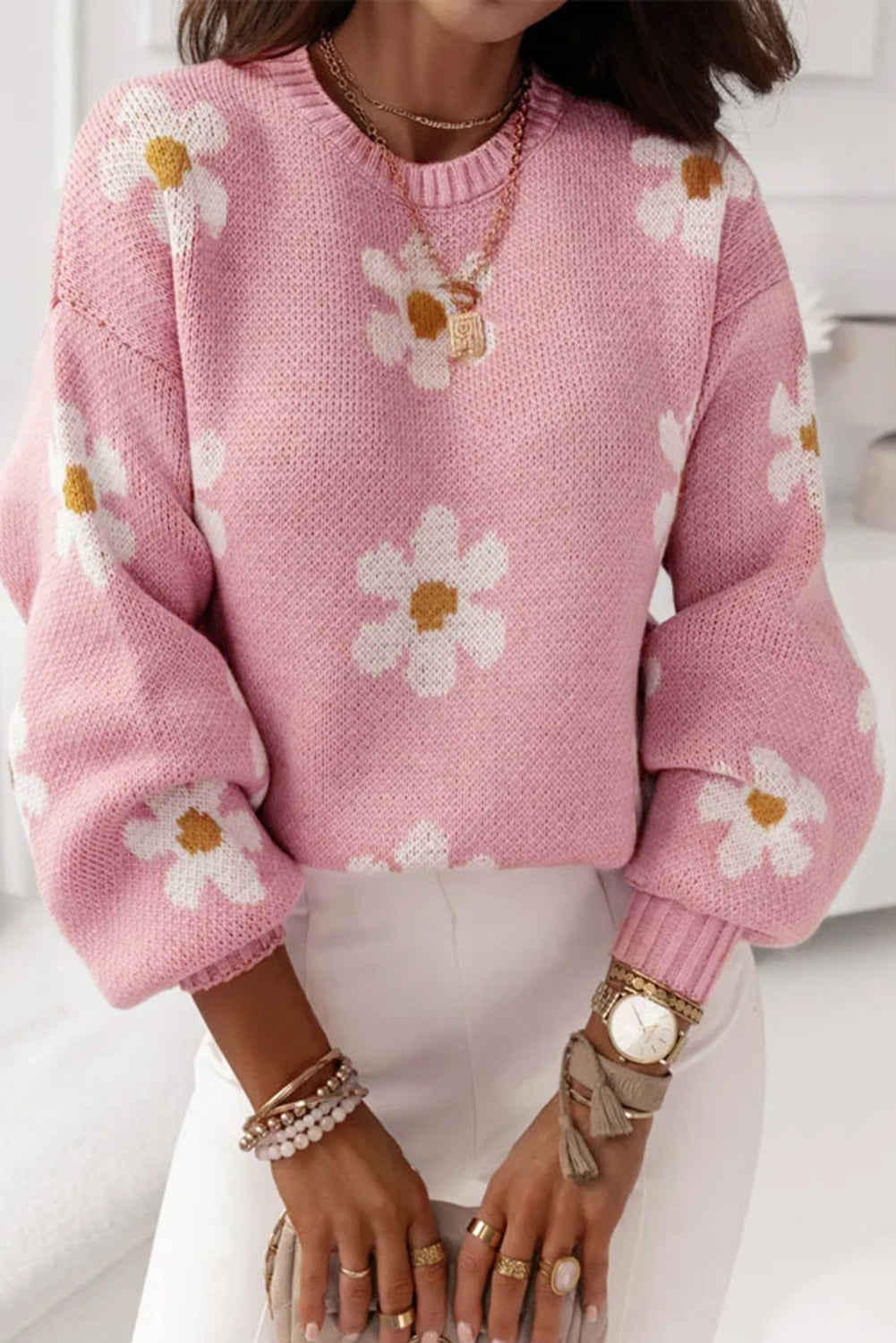 Pink floral drop shoulder sweater