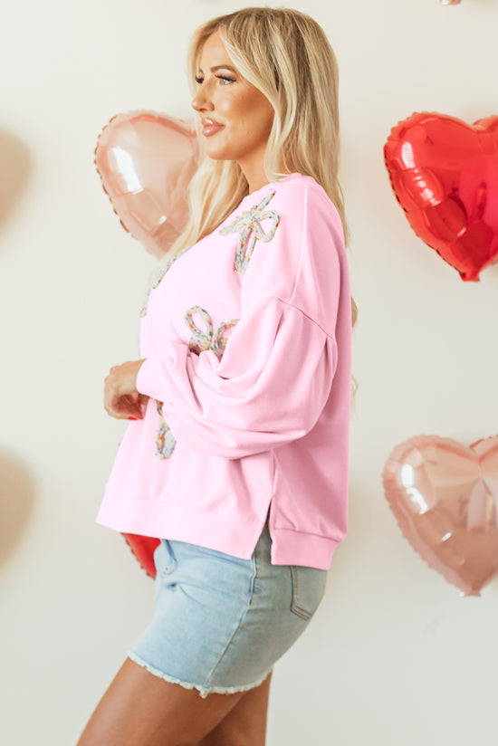 Light Pink Embroidered Bow Lantern Sleeve Oversized Sweatshirt